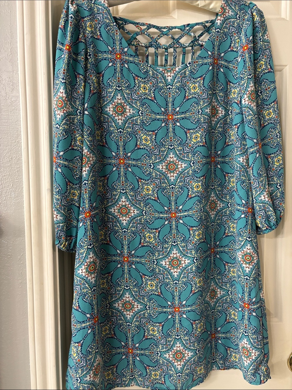As U Wish Teal Floral Mosaic Long Sleeve Dress with Lattice Back